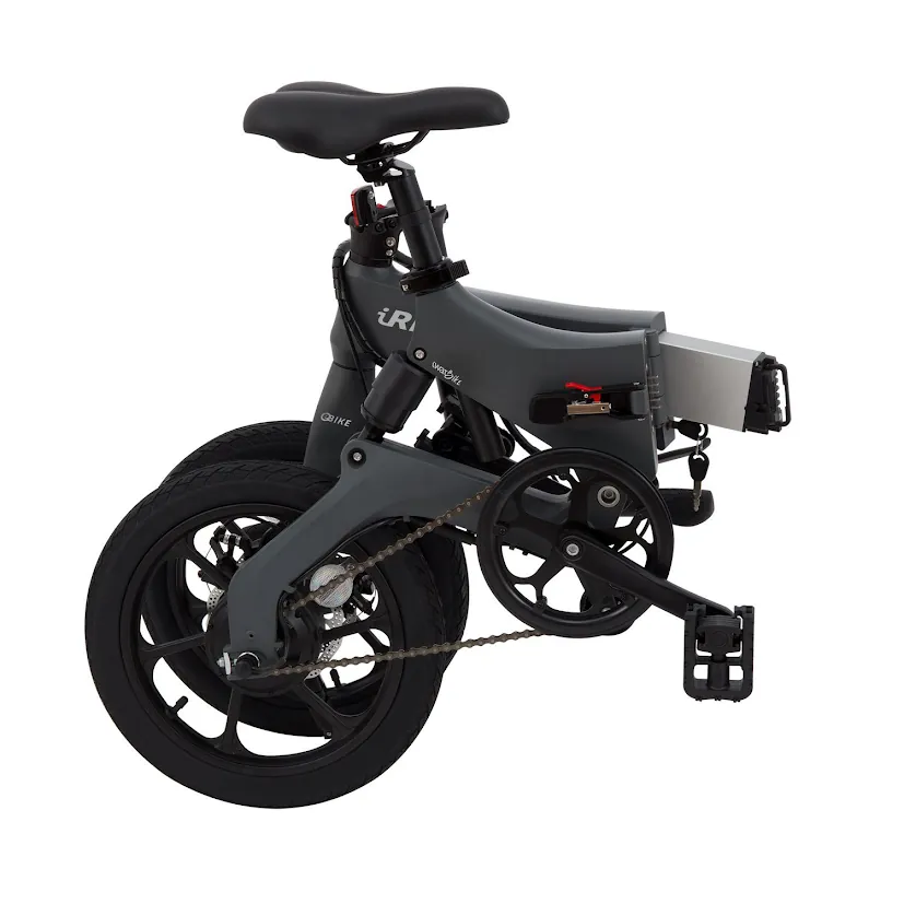 Bicicleta eléctrica plegable gris con asiento negro